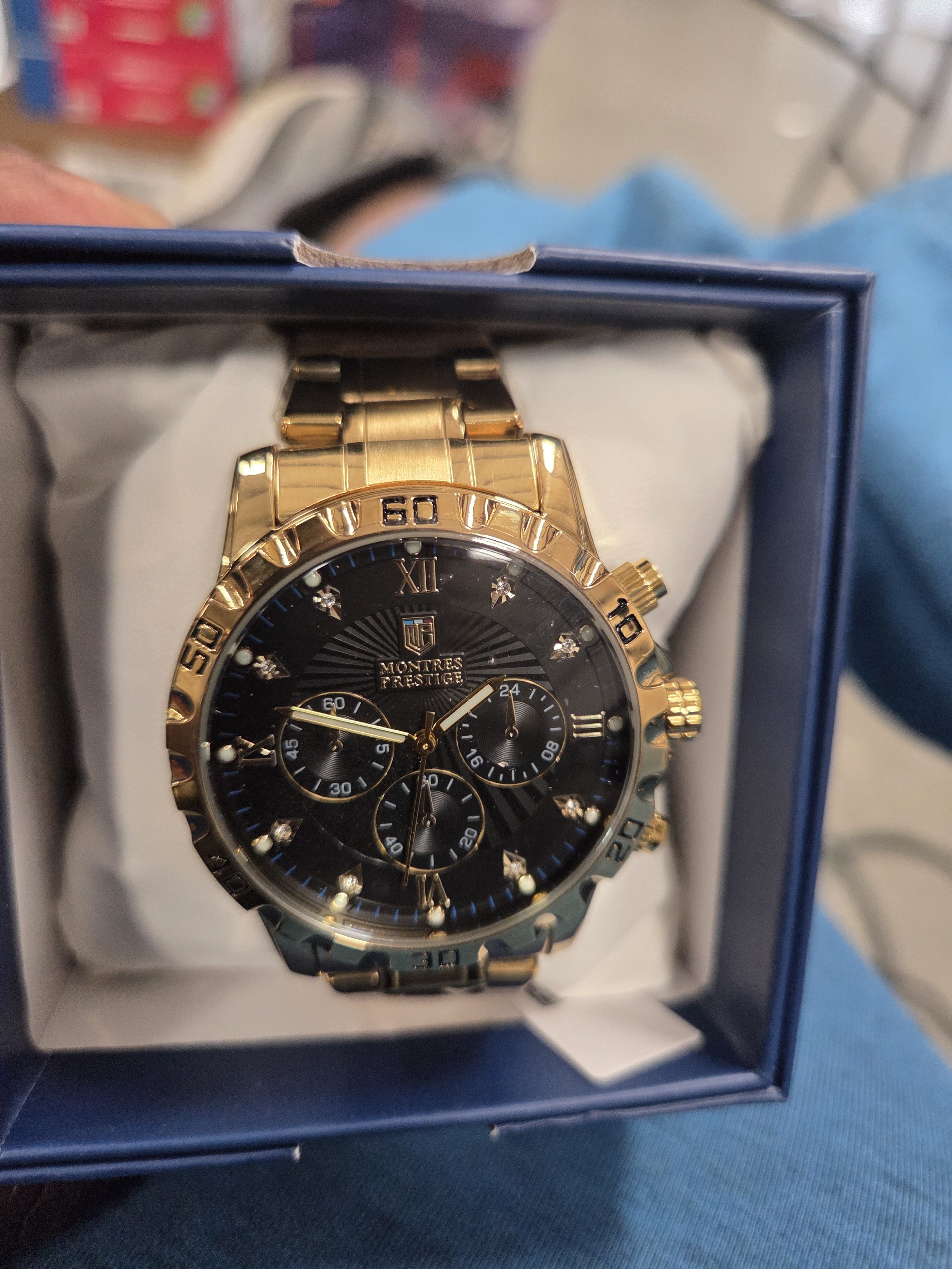 Mens GoldTone Black Dial Chronograph Watch